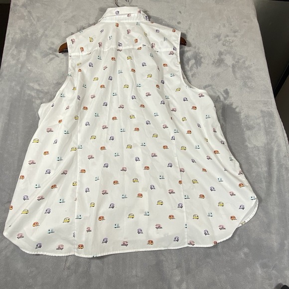 Lands End Women 22‎ Plus Top Sleeveless Collared White Happy Camper Print RV Fun - Picture 7 of 11
